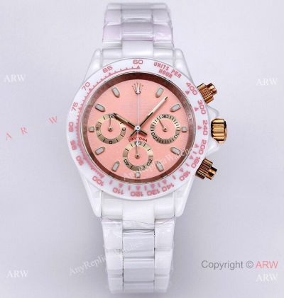 2023 New! Replica AET Remould Rolex White Ceramic Daytona Watch Quartz Pink Dial